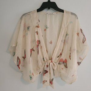 American Rag Cie Sheer Open Front Tie Waist Short Sleeve Blouse w Butterflies